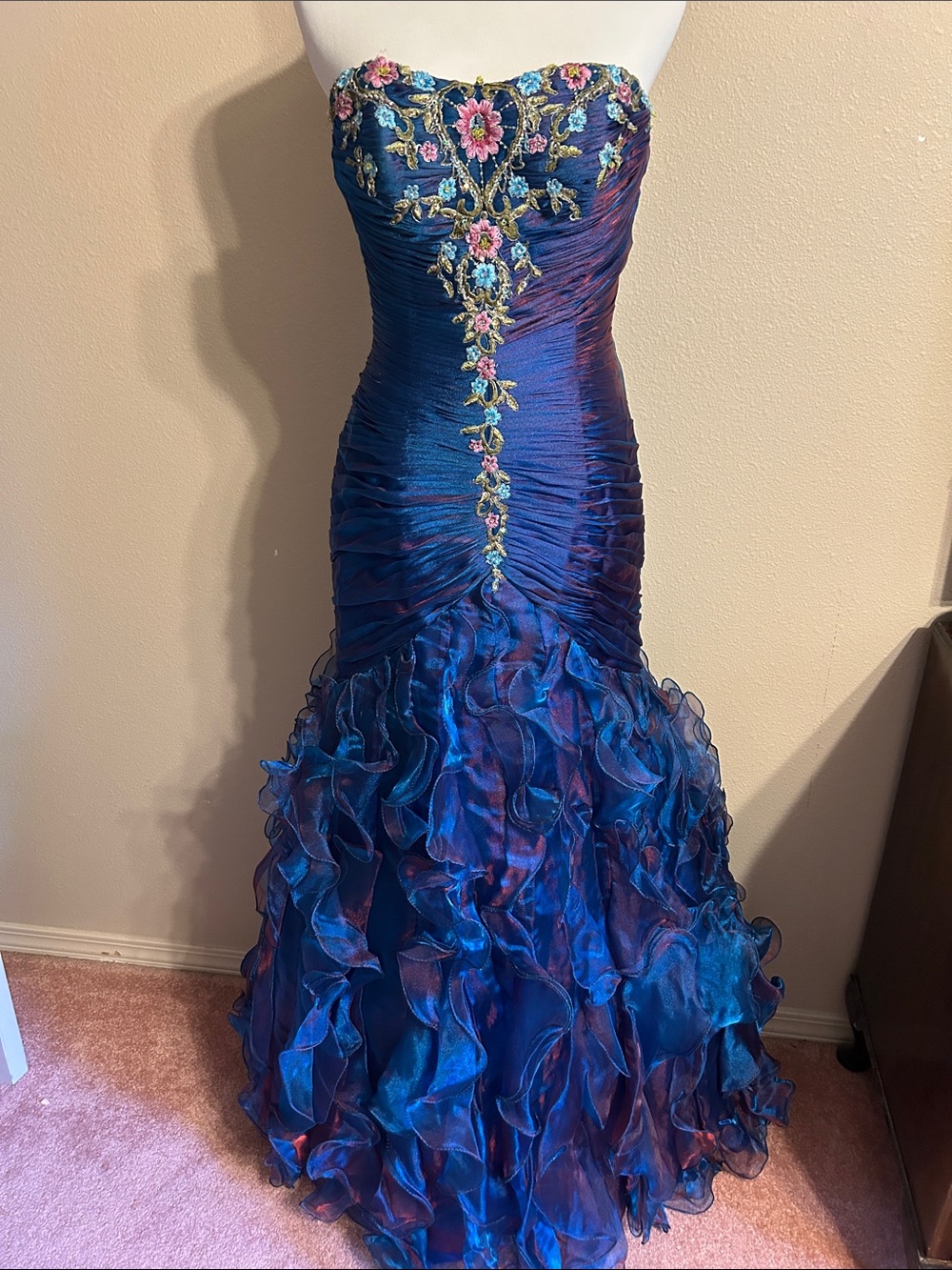 Strapless Royal Blue Ruffled Mermaid Gown with Floral Embroidery